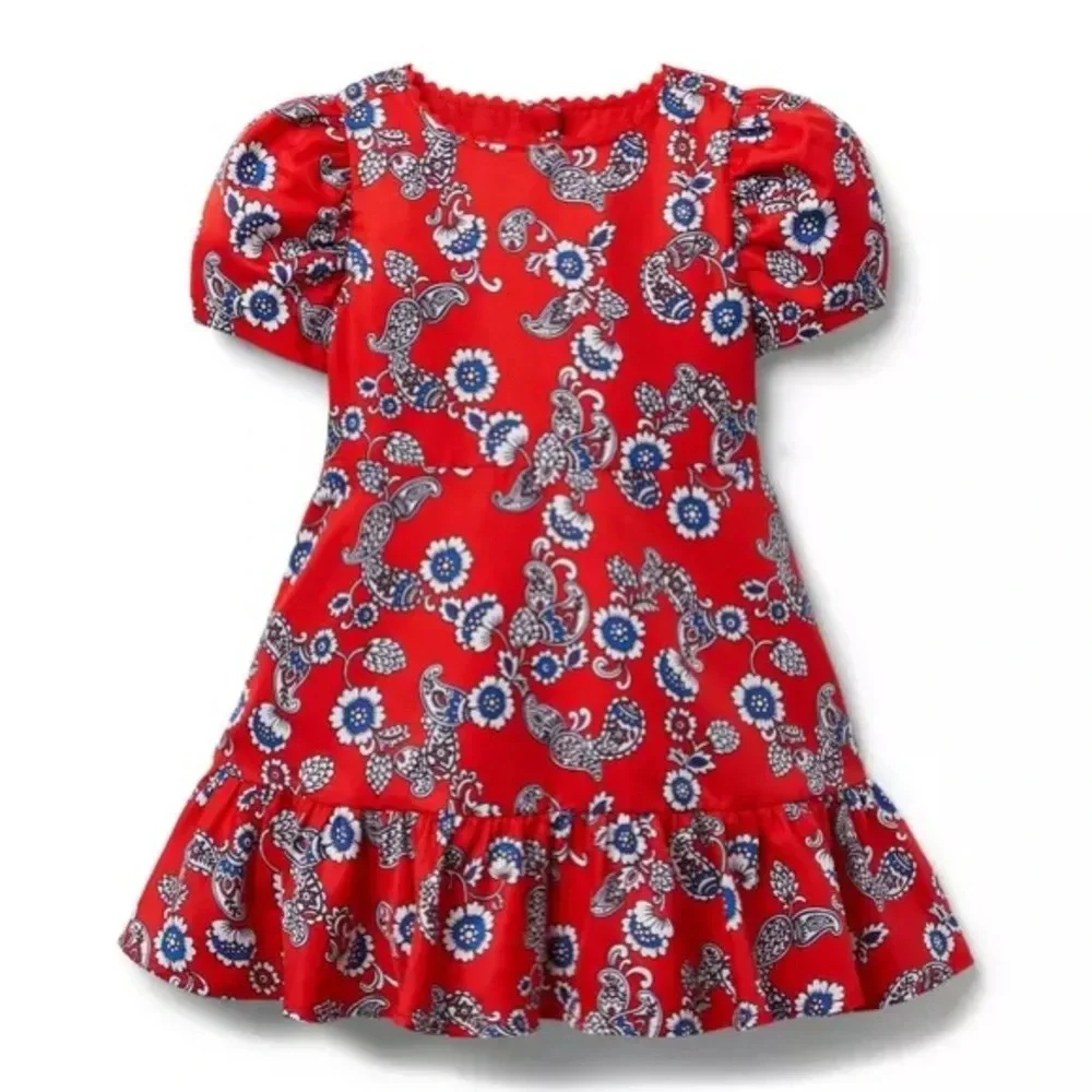 Girl’s Janie and Jack Funny Valentine Red Blue Paisley Floral Fun Party Dress 4